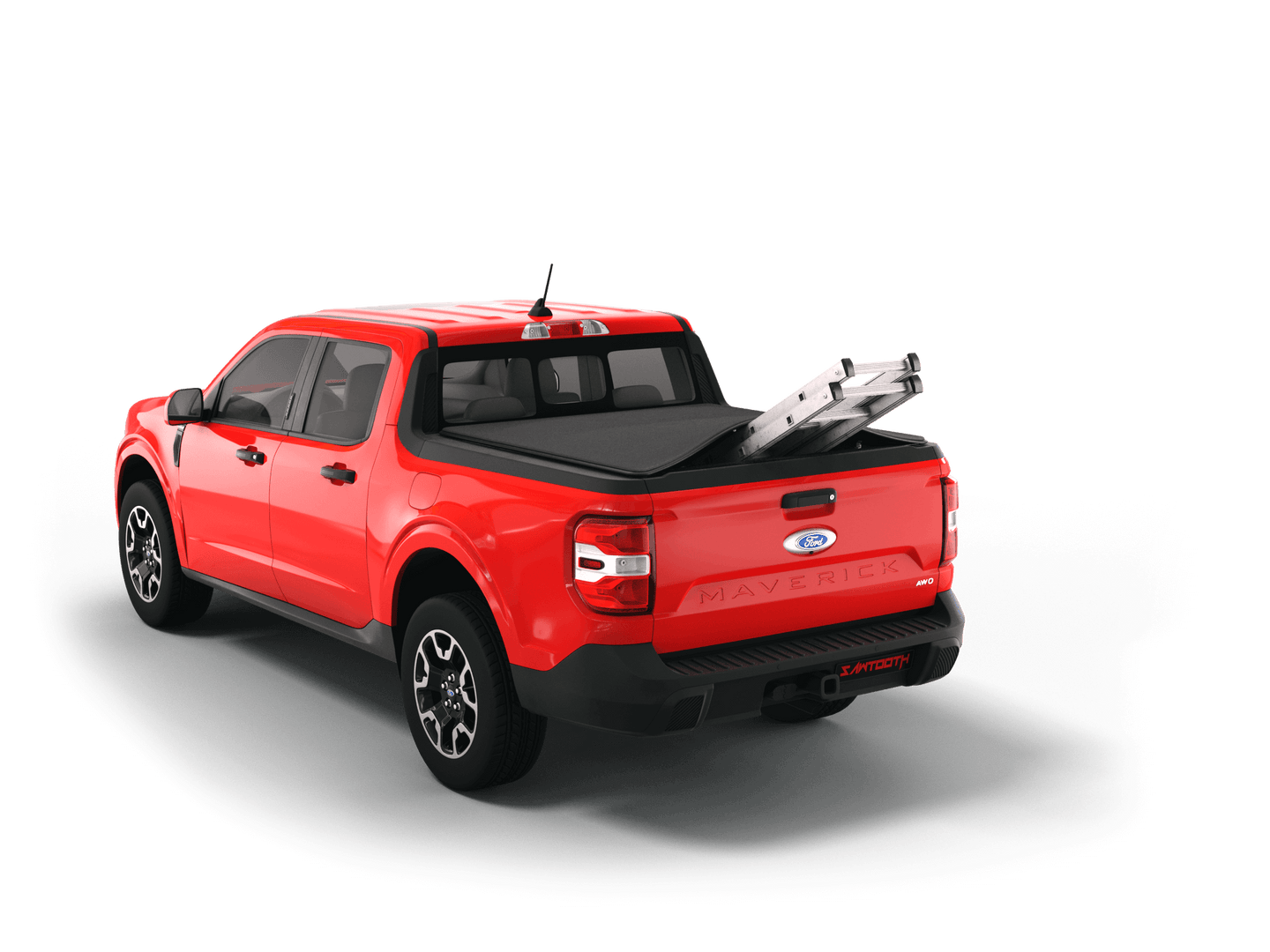Red 2025 Ford Maverick with ladder sticking out of Sawtooth Stretch expandable truck bed cover